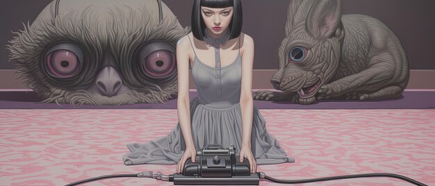 Photo a painting of a woman with a camera in front of a monster