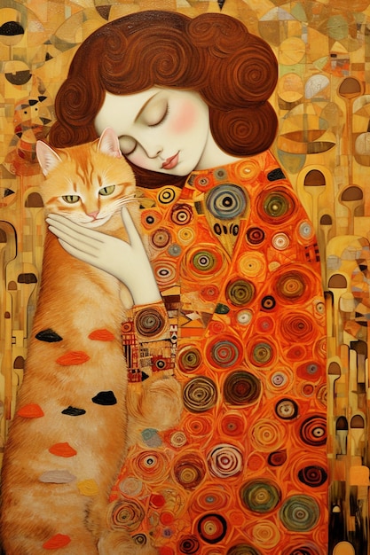 painting of a woman with a cat in her arms generative ai