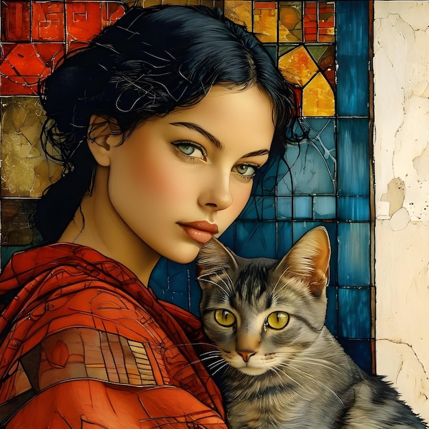 창문 에 고양이와 함께 있는 여자의 그림
