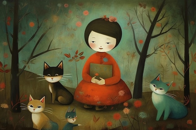 A painting of a woman with cats and a book.