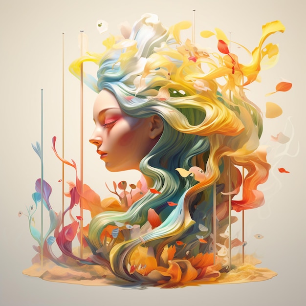 painting of a woman with a colorful hair and a bird in her hand generative ai