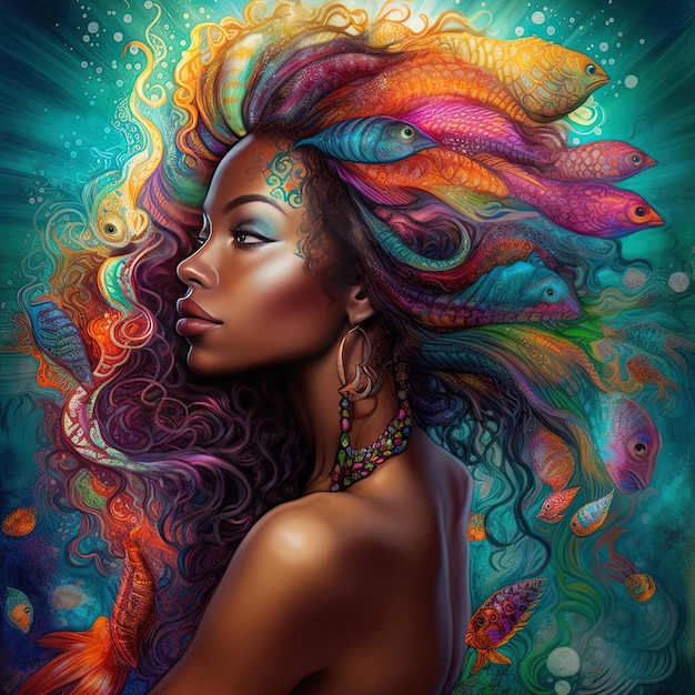 a painting of a woman with colorful hair and colorful hair.
