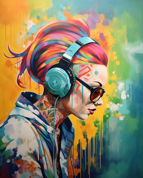 a painting of a woman with colorful hair and headphones