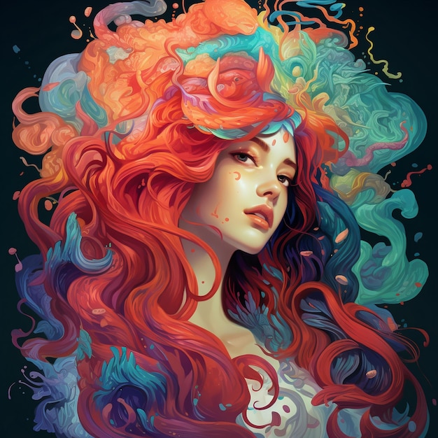 картина женщины с яркими волосами и надписью «радуга».