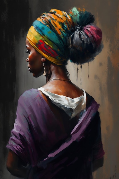 A painting of a woman with a colorful scarf on her head