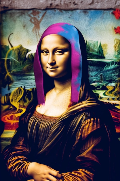 A painting of a woman with a colorful scarf on her head.