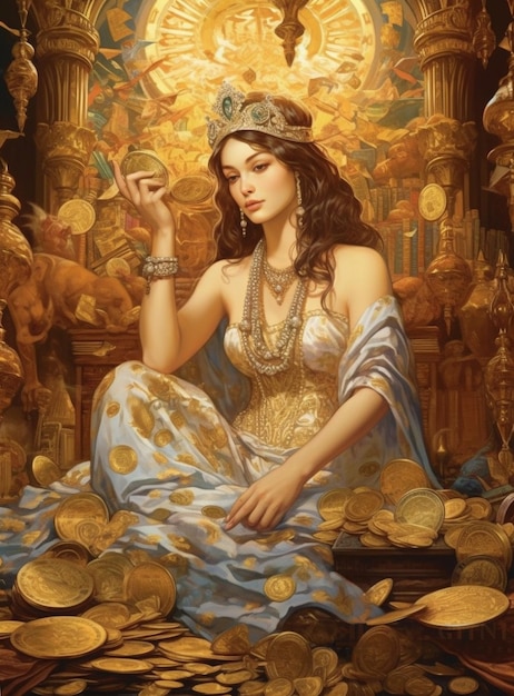 A painting of a woman with a crown and a gold coin in her hand.