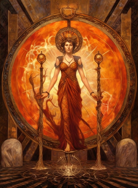 A painting of a woman with a crown on her head and the words " the goddess " on the bottom.