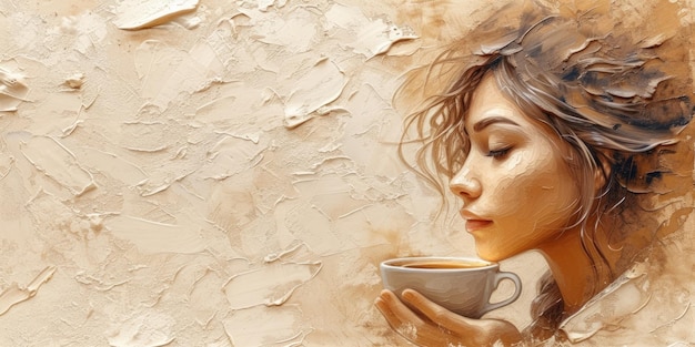 Foto pittura di una donna con una tazza di caffè su uno sfondo crema
