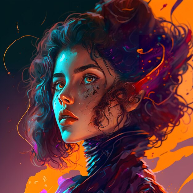 A painting of a woman with curly hair and a colorful background.