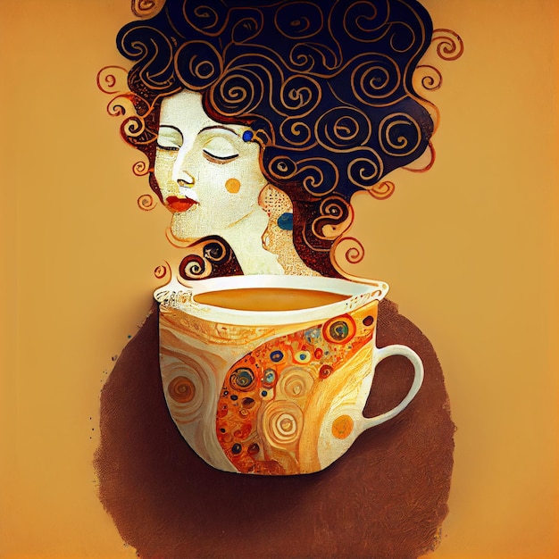 Painting of a woman with curly hair drinking a cup of coffee generative ai