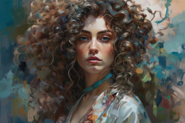 A painting of a woman with curly hair