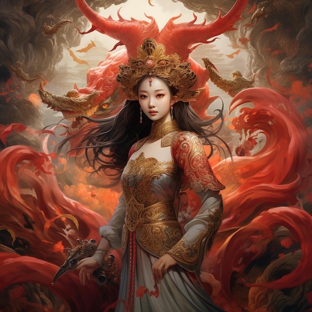 A painting of a woman with a dragon on her head