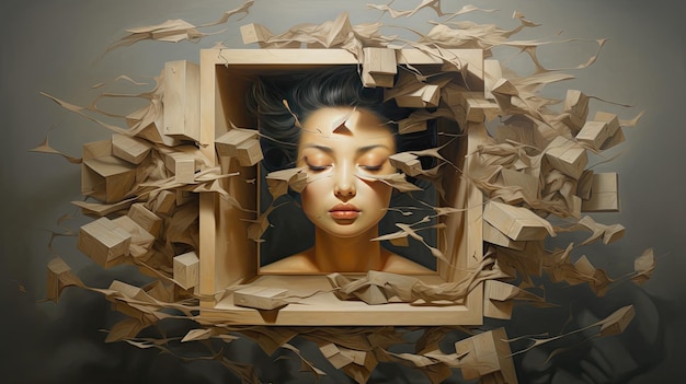 Foto un dipinto di una donna con gli occhi chiusi in una cornice con l'immagine di una donna al centro.