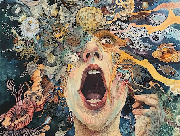 a painting of a woman with a face covering her mouth