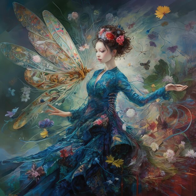 A painting of a woman with a fairy costume on her dress.