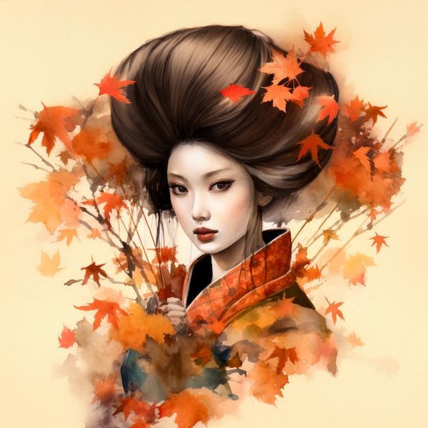 Painting of a woman with a fan and autumn leaves generative ai