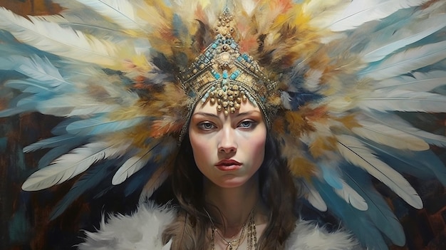 A painting of a woman with feathers on her head