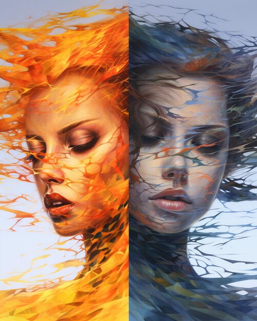 painting of a woman with a fire on her head and a woman with a blue dress generative ai