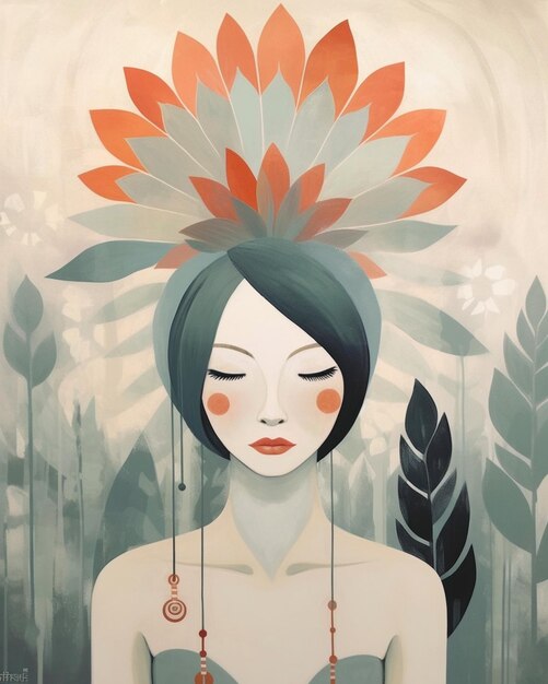 Painting of a woman with a flower headdress and feathers generative ai