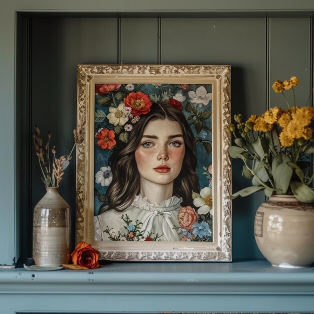 Foto un dipinto di una donna con un fiore nei capelli