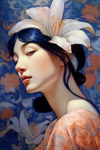 Картина женщины с цветком в волосах