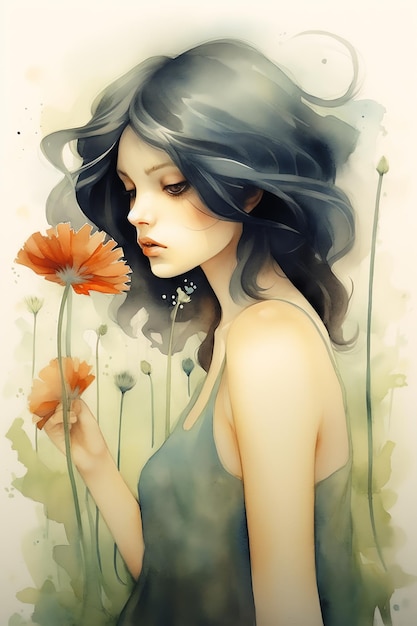 Foto un dipinto di una donna con un fiore in mano