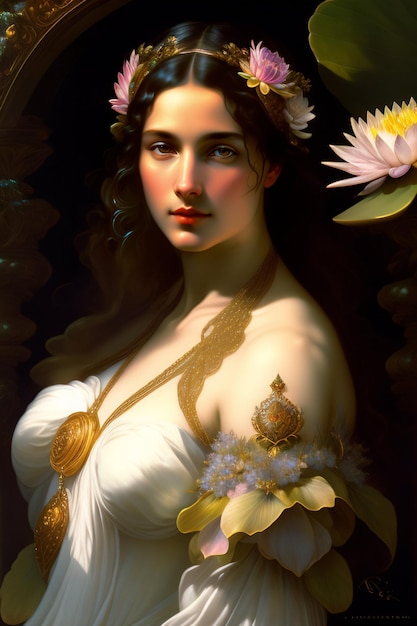 A painting of a woman with a flower on her head