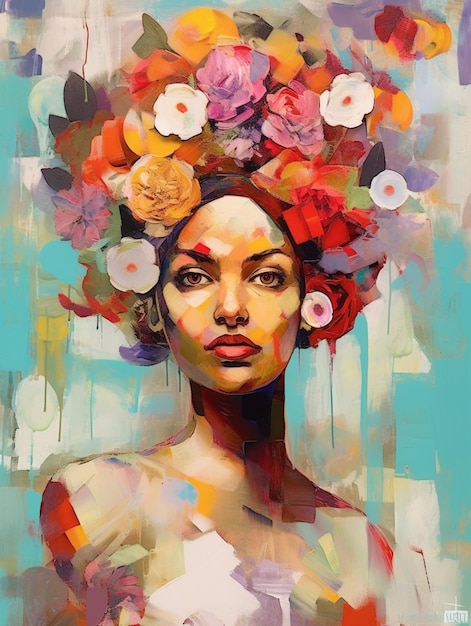 Painting of a woman with a flowered headpiece on her head generative ai