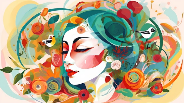 Картина женщины с цветами и птицами на голове.