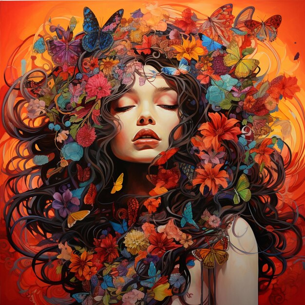 painting of a woman with flowers and butterflies in her hair generative ai