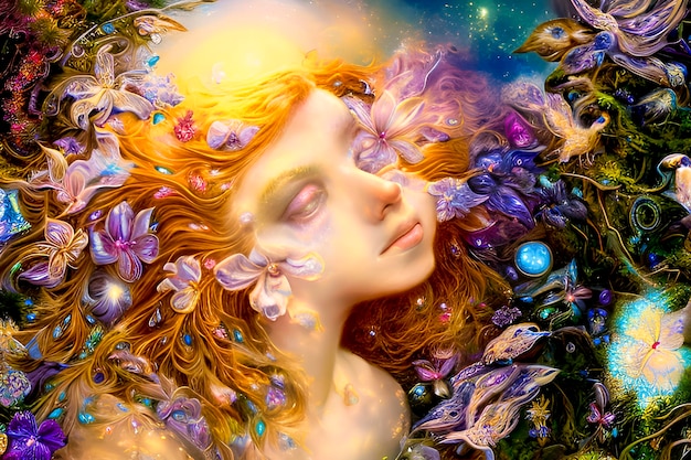 Картина женщины с цветами и бабочками