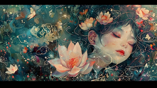 꽃과 나비를 가진 여자의 그림