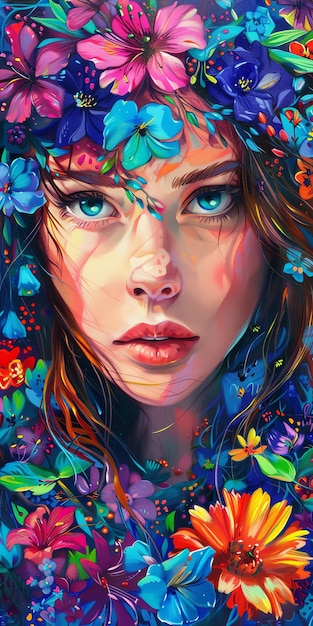 に花をつけた女性の絵画