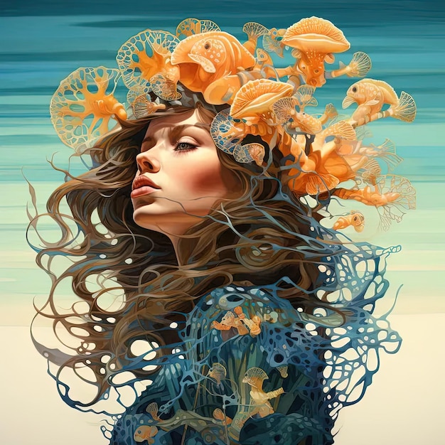 картина женщины с цветами в волосах