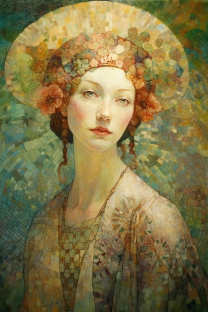 A painting of a woman with flowers on her head.