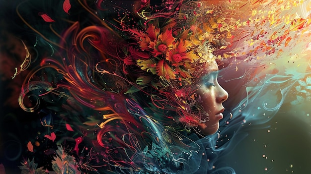 頭の上に花をつけた女性の絵画