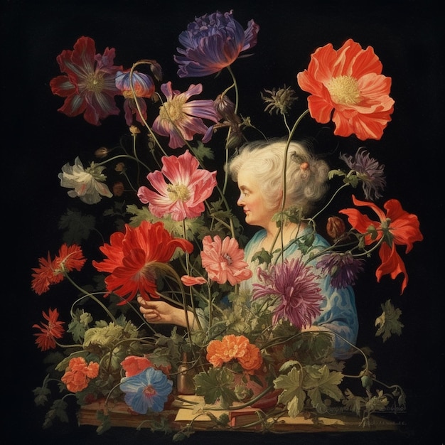 painting of a woman with flowers in a vase on a table generative ai