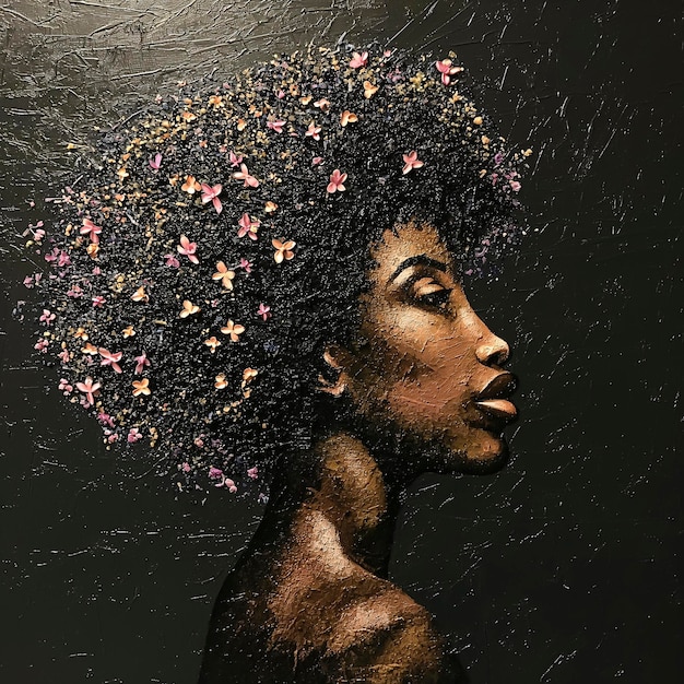 Foto pittura di una donna con un afro floreale con farfalle nei capelli