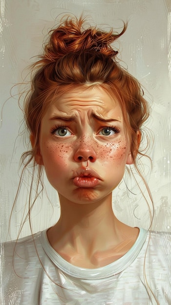 painting of a woman with freckles on her face and a messy bun generative ai