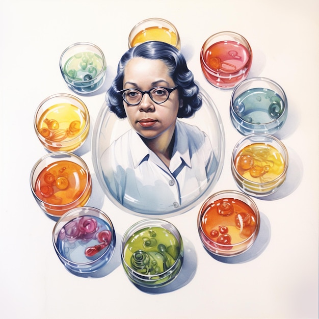 Photo painting of a woman with glasses and a circle of fruit generative ai