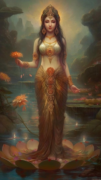 Картина женщины с золотой короной и цветком в руках.