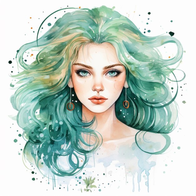 painting of a woman with green hair and earrings generative ai