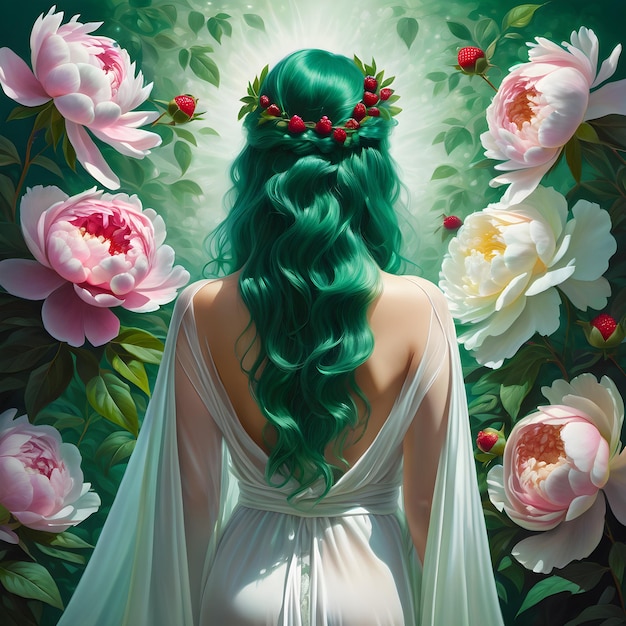 a painting of a woman with a green hair and flowers in the background