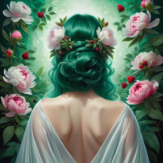 a painting of a woman with a green hair and a white dress with a green headband