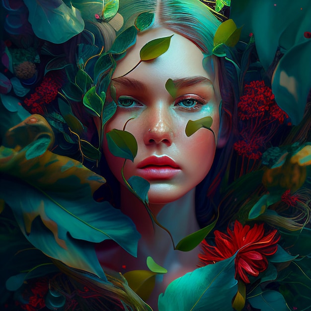 Painting of a woman with green leaves and flowers in background generative ai