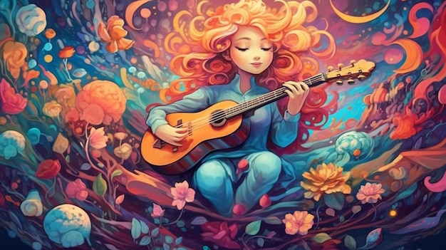 a painting of a woman with a guitar in a field of flowers generative ai