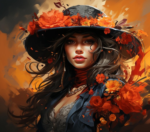 painting of a woman with a hat and flowers on her head generative ai