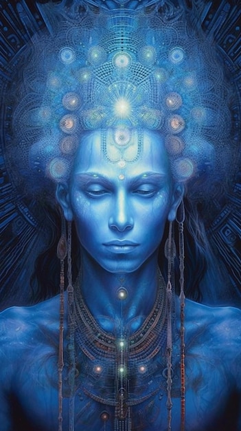 青と金の生成アイで満たされた頭を持つ女性の絵画