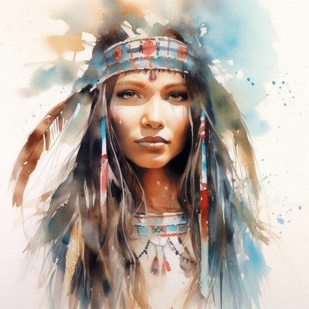 a painting of a woman with a headdress and feathers generative ai